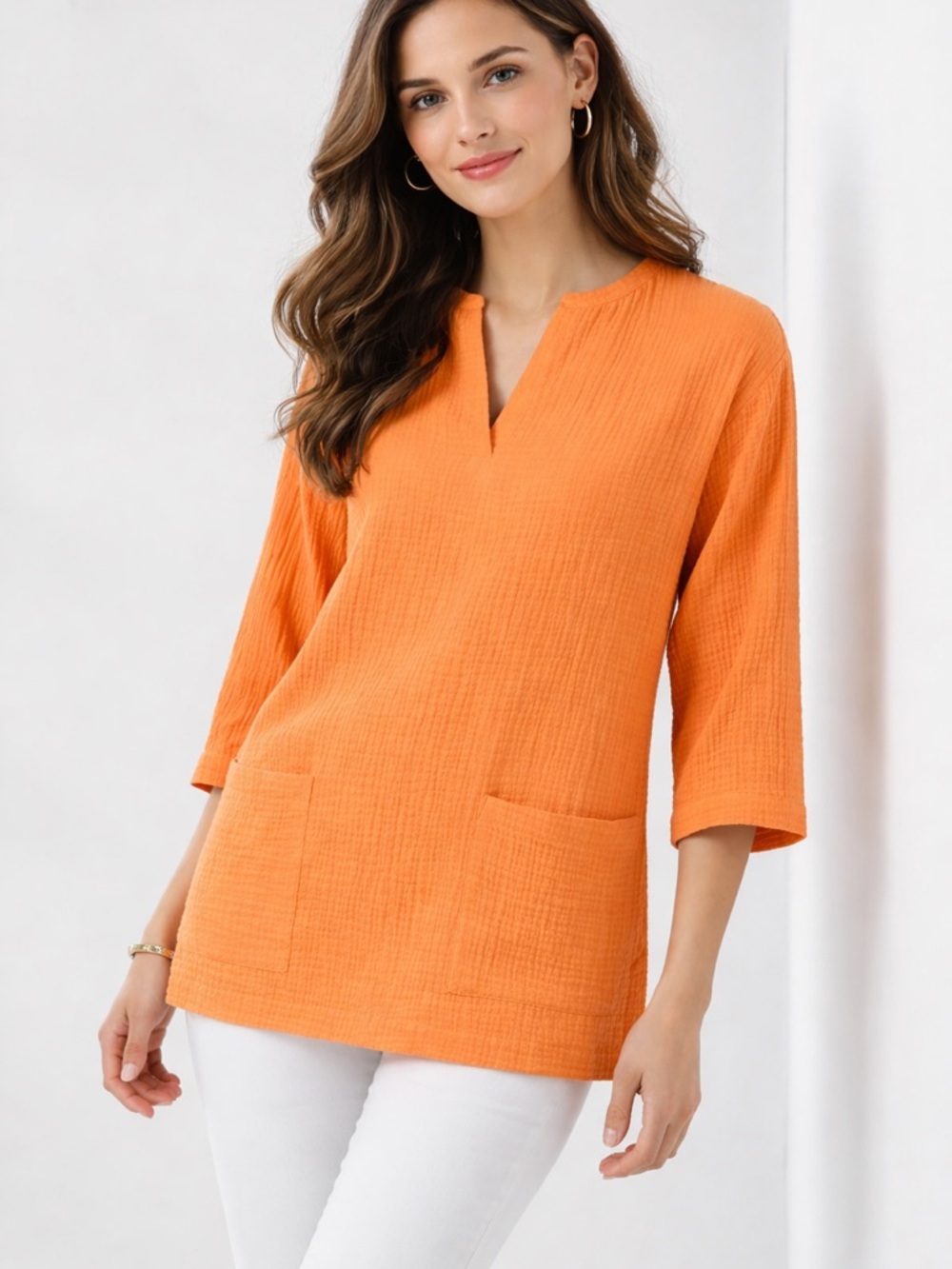 Soft Surroundings Araza Gauze Tunic Top Orange 1X Plus V-Neck Pockets Boho